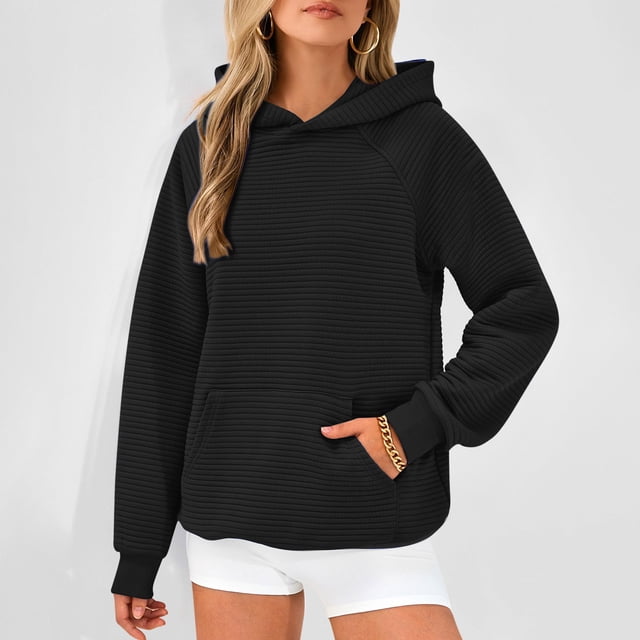 RXIRUCGD Chandail à Capuchon Décontracté pour Femme à Col Rond, Manches Longues, Couleur Unie, Noir, Taille : L