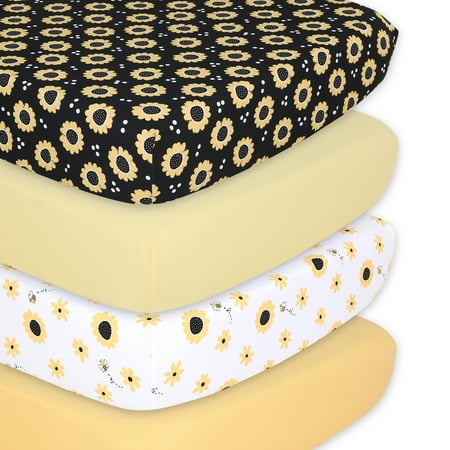 UPC: 0841297181108 | The Peanutshell Fitted Crib Sheet for Girls 4 Pack Set Yellow and Black Sunflowers