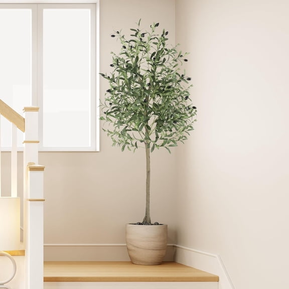 7FT Artificial Olive Tree Indoor, Tall Faux Olive Tree, Artificial Plants with Natural Wood Trunk and Lifelike Fruits for Home Office Decor