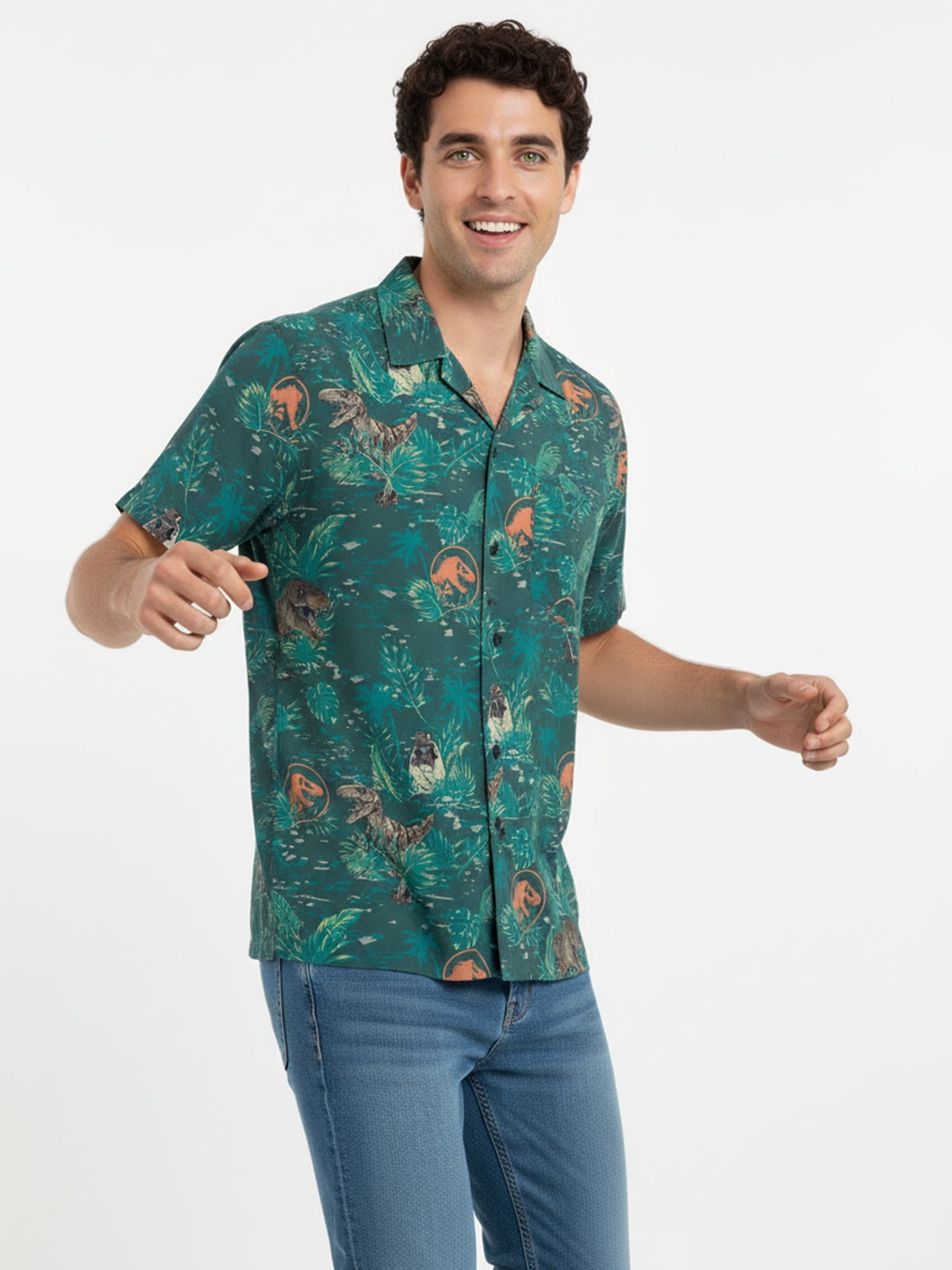 Jurassic Park, Men's & Big Men's Graphic Button-Up Shirt, Floral Gates, Sizes S-3XL