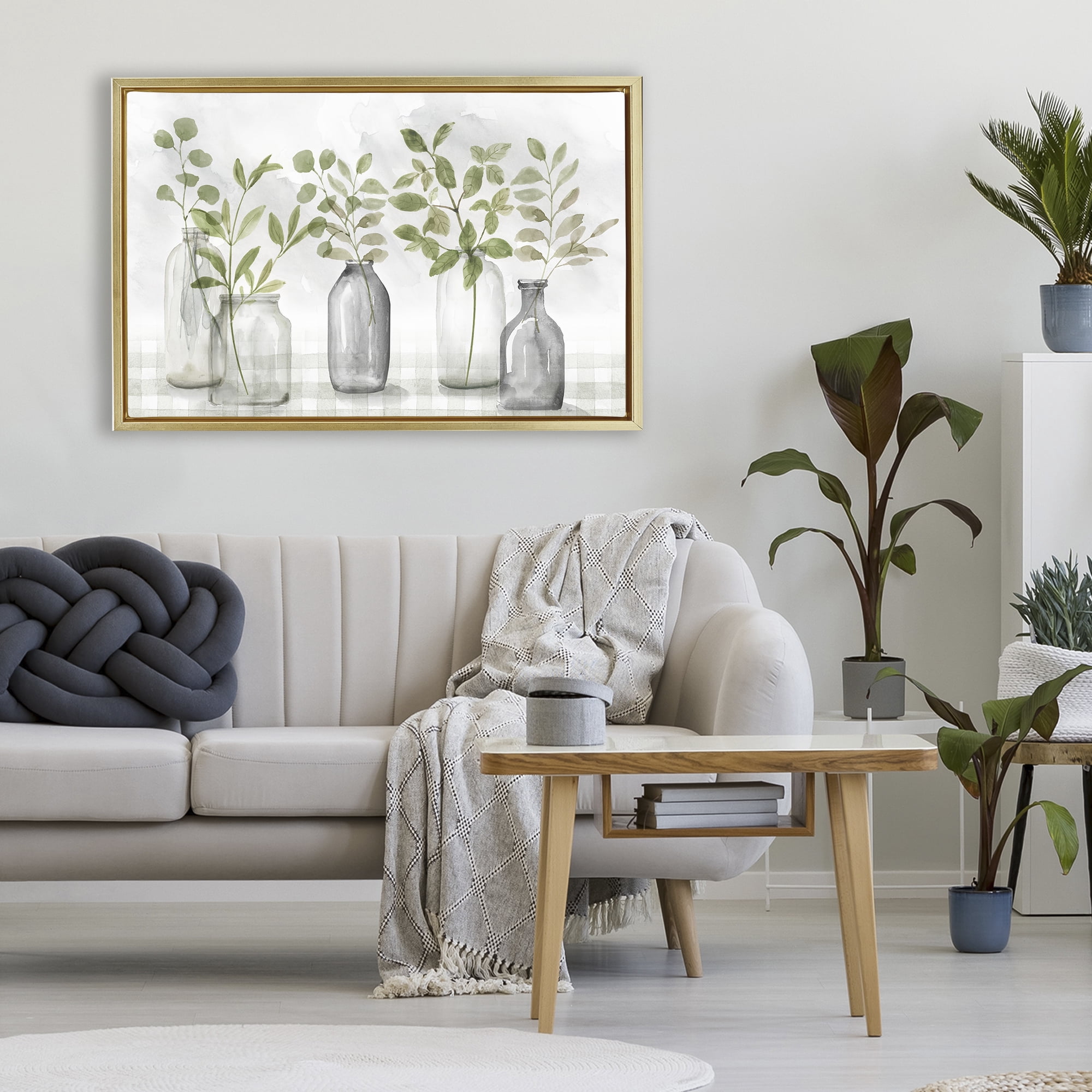 Stupell Industries Greenery Leaves in Vases Gold Framed Floater Canvas Wall Art, design by Nan