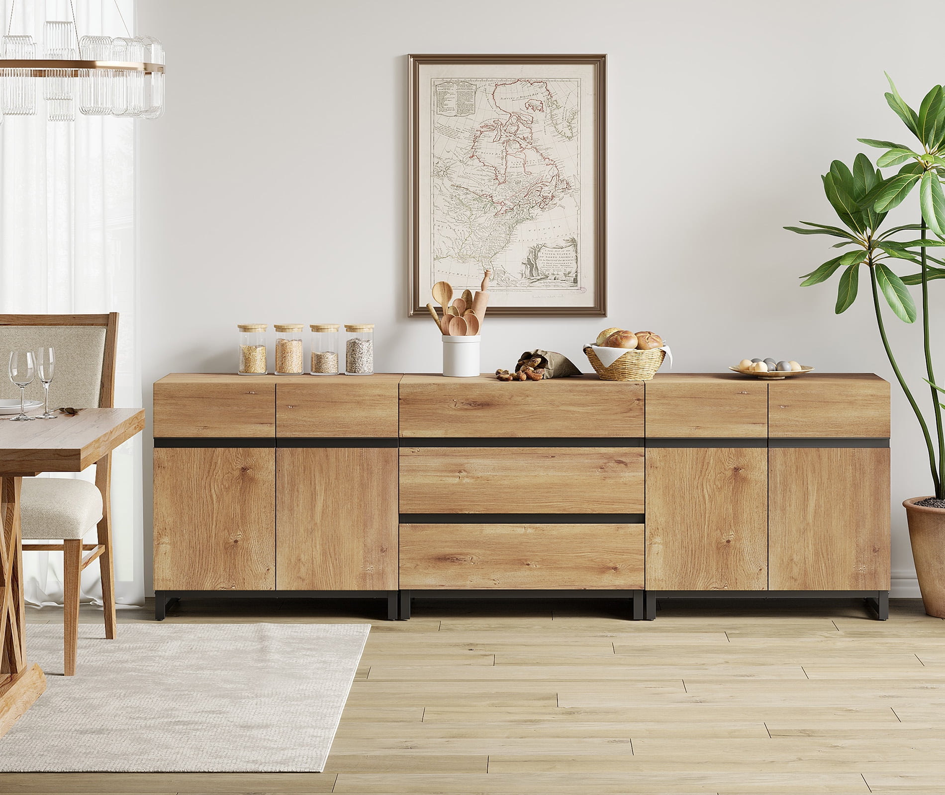 WAMPAT 3 in 1 Modern Sideboard with Adjustable Shelves and 3 Drawers, Coffee Bar Cabinet for Living Room, Kitchen, Oak