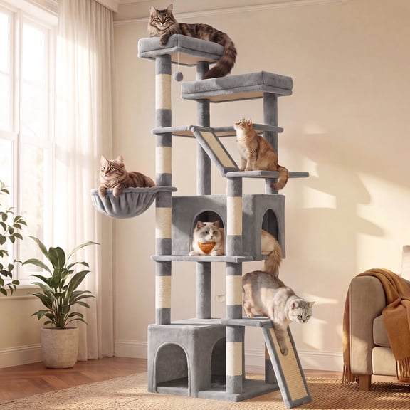 Feandrea 72.6-inch Tall Cat Tree Tower for Indoor Extra Large Cats, Scratching Posts, Scratching Boards, Multi-Level Design, Dove Gray