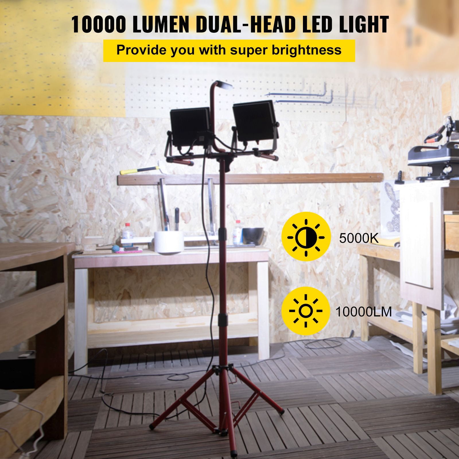 Dual-Head LED Work Light 10000 Lumen, IP65 Waterproof, Adjustable Tripod 27.6-68.1", for Construction Site Garage