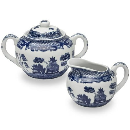 HIC Blue Willow Creamer Dispenser and Sugar Bowl with Lid, Fine White Porcelain, 3 Piece Set