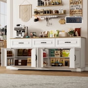 Blotout 70" Large Sideboard Buffet Cabinet with 3 Drawers & 4 Doors, Farmhouse Kitchen Sideboard Storage Cabinet with 8 Door Shelves & Charge Station, Coffee Bar Cabinet for Dining Room, White