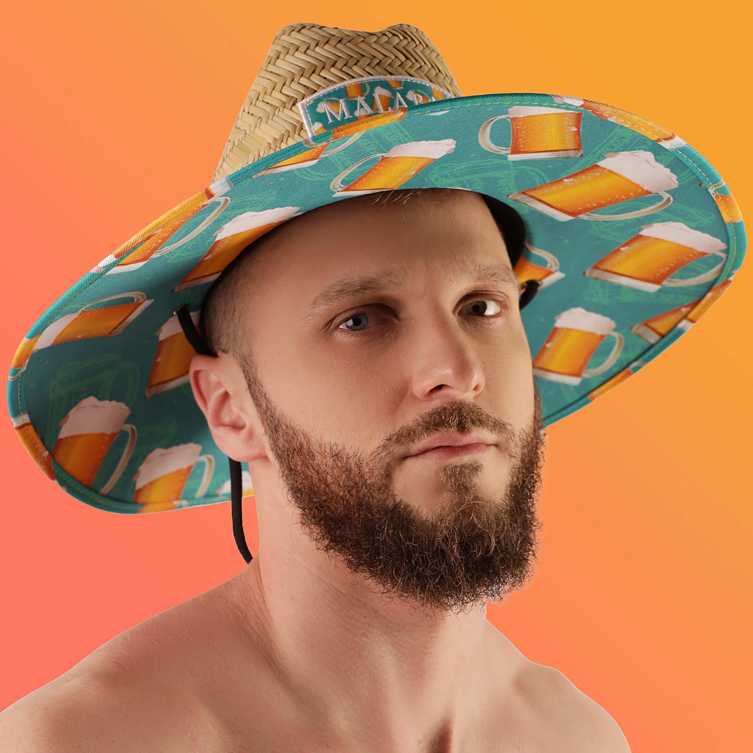 Beer Hat Fabric Pattern Print Straw Sunhat Men & Women, Lifeguard Hat, Beach, Swim, Cruise, Paddle Board, Boat, Fishing, Fits All, Malabar Hat.
