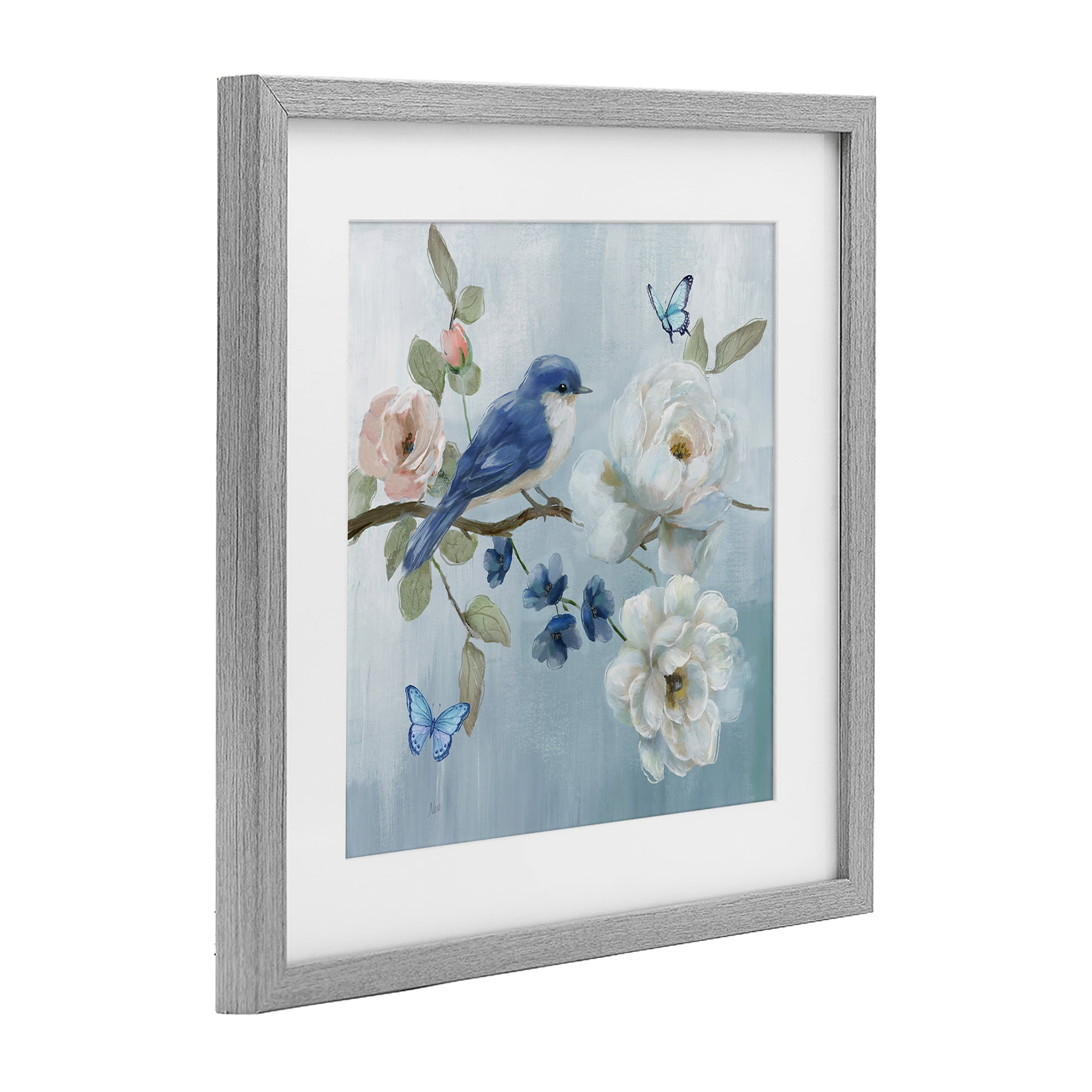 Stupell Industries Blue Bird Tranquility Gray Framed Print Under Glass, design by Nan