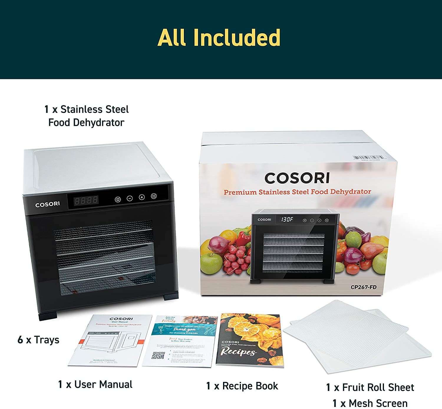 Cosori Food Dehydrator Machine Mesh Screens BPA-Free Plastic Dryer Sheets for Fruit, Meat Beef Jerky, Herb, Vegetable, C267-2ms, 2Pack