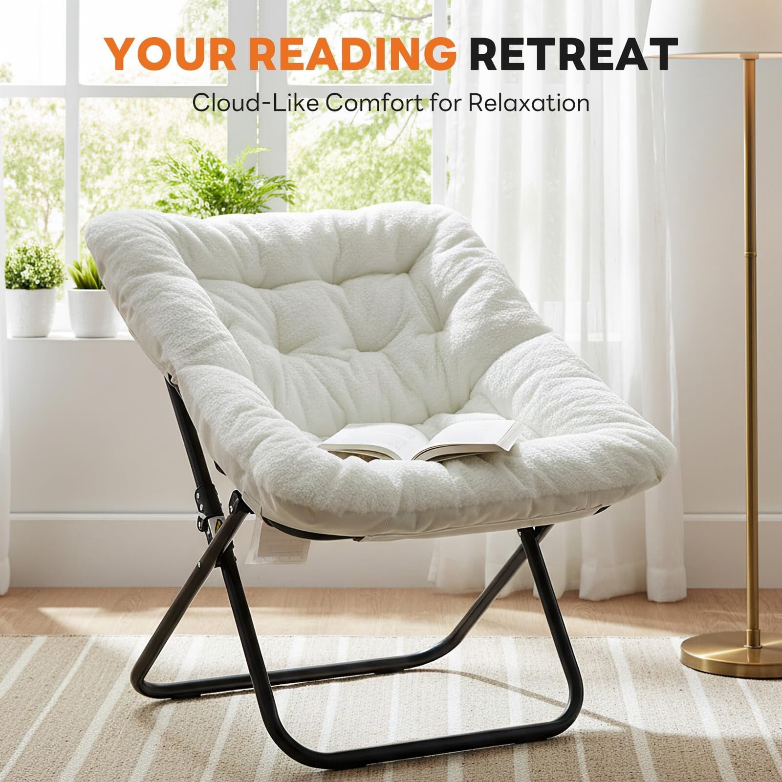 Kelno Faux Fur Folding Lounge Chair 450lb Capacity Foldable Comfy Chair Soft Plush Reading Chair, White
