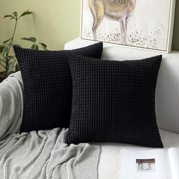 Paquete de 2 fundas de almohada de 22 x 22 pulgadas, almohadas decorativas de pana súper suave negra, decoración del hogar para sofá, dormitorio, sala de estar