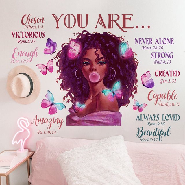 Mfault Black Girl Magic You Are Beautiful Pegatinas De Pared Afroamericanas Decoración De Guardería Dicho Positivo Religioso Dormitorio Arte Inspirador Afro Mariposa Niños Adolescentes Habitación Deco