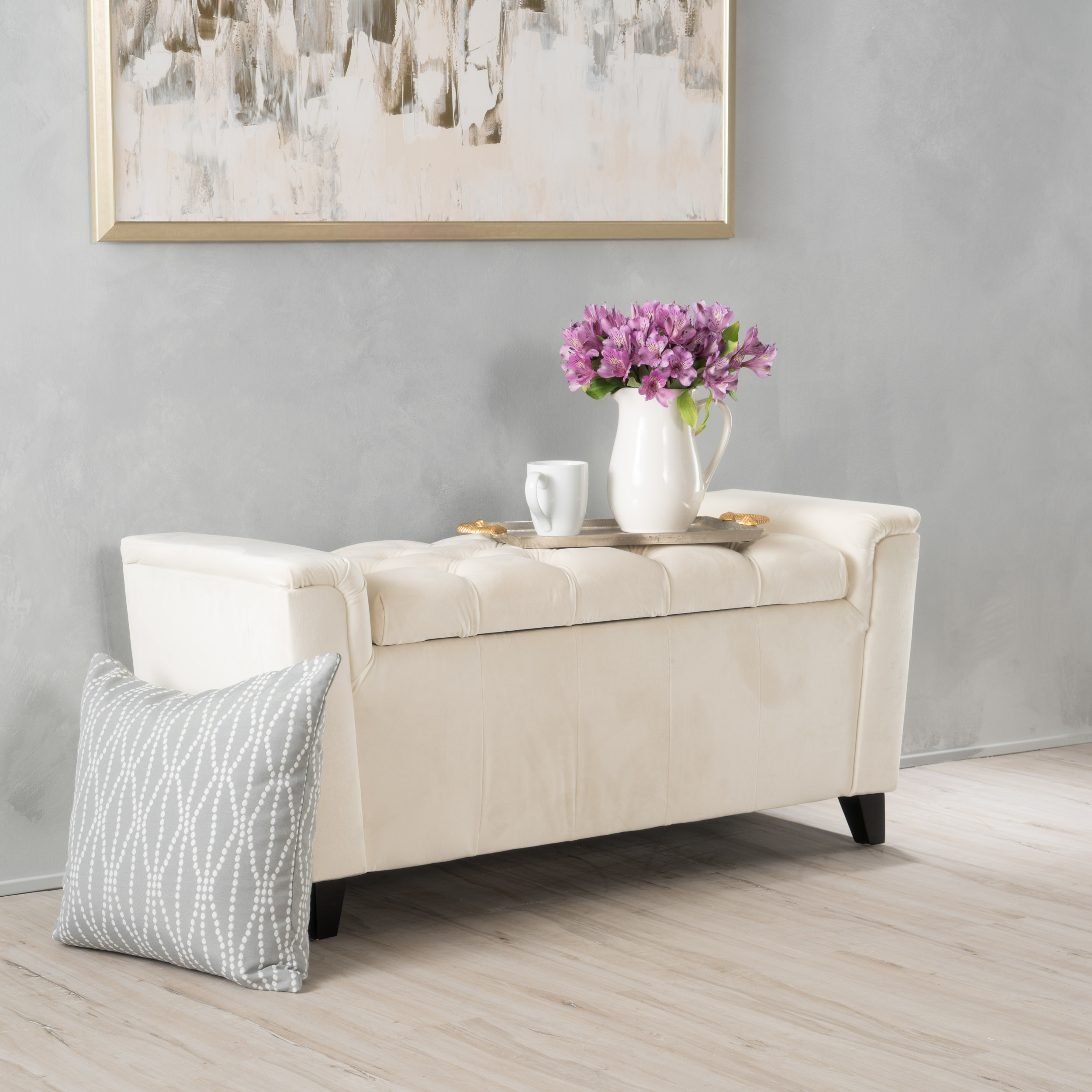 Adelia New Velvet Armed Storage Bench, ivory