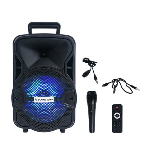 Sound Town 8-inch 2-Way Portable PA Speaker with Built-in Rechargeable Battery, 1 Wired Mic, Bluetooth, USB, SD Card Reader, LED Light