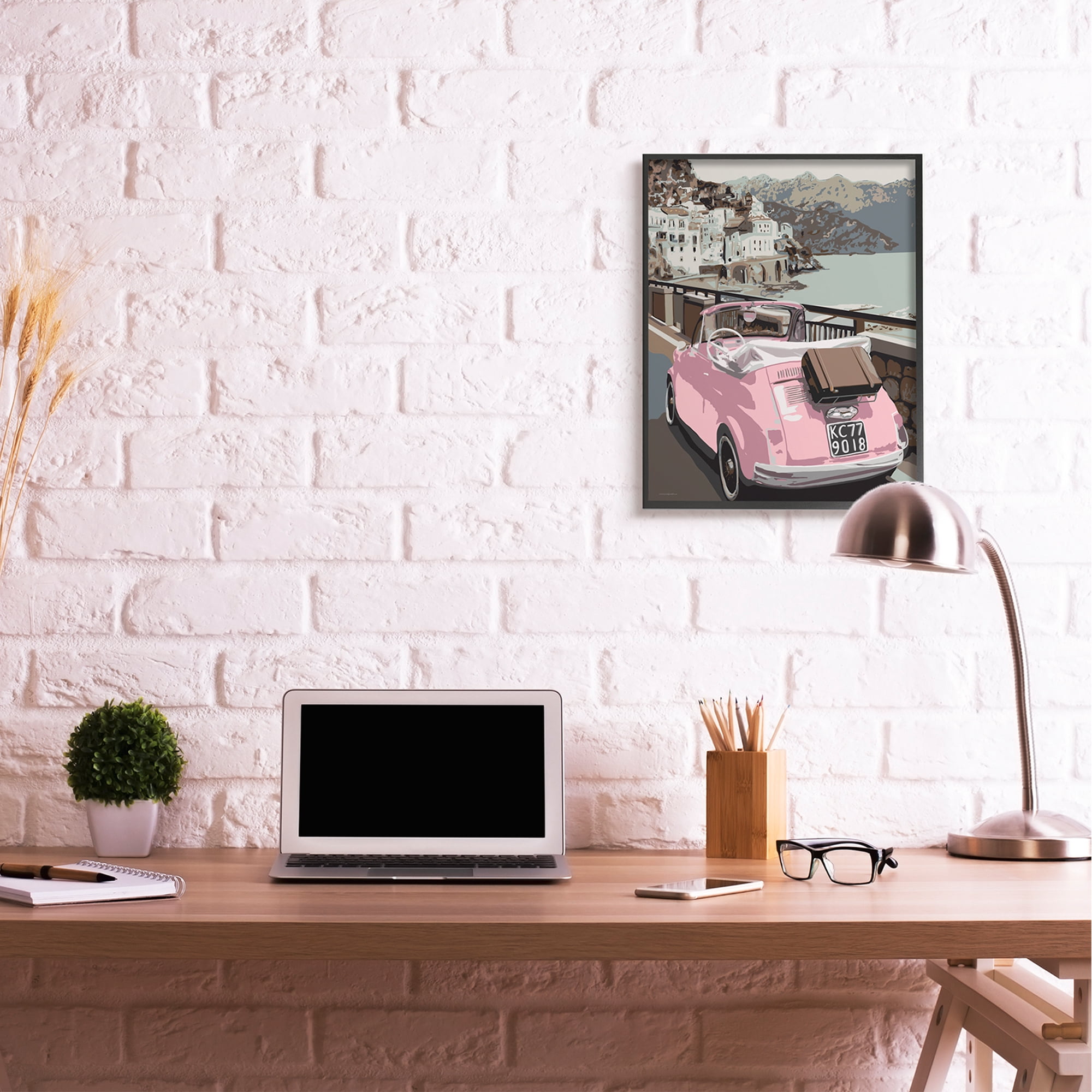 Stupell Industries Pink Car Cliffside Town on Waterfront Road,24 x 30,Designed by Kamdon Kreations