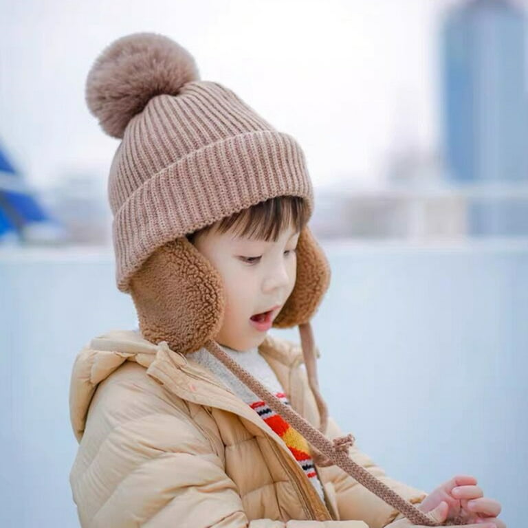 Kids Winter Hat Toddler Knitted Pom Beanie Hat Cotton Lined Cap Baby Girls Boys Hat Hat with Ears Men Rabbit Hat Ear Flap Hats for Men Cycling Winter