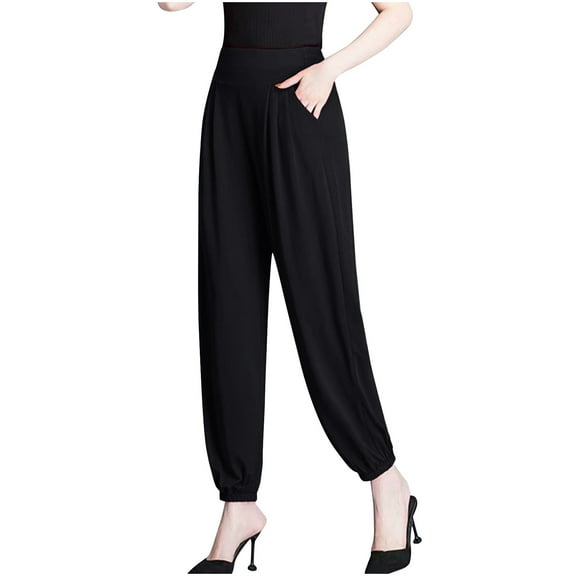 Wyobmus Women's High Waisted Crop Pants Casual Ankle Length Elastic Hem Harem Pants Elastic Waist Hippie Pants With Pockets L-5X Black
