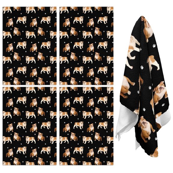 4 Pcs Funny Kitchen Towels,Bulldog Dog and Footprints Microfiber Dish Towels,Kitchen Tea Towels,Kitchen Towel Set (18" X 26")