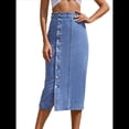 thumbnail image 2 of Falda Vaquera Midi Informal con Abertura para Mujer, Elástica, de Cintura Alta, Deshilachada y Abotonada Azul M, 2 of 9