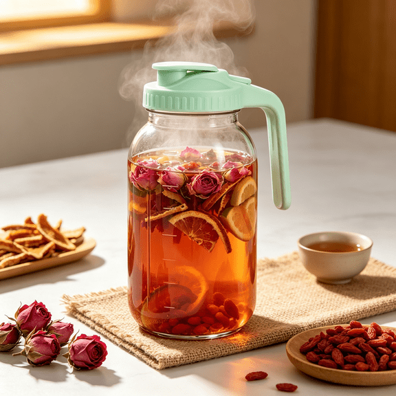 Glass Pitcher with Lid and Pour Spout, 64 oz Mason Jar Pitcher Leakproof for Juice, Coffee, Milk, Beverages Tea, Green