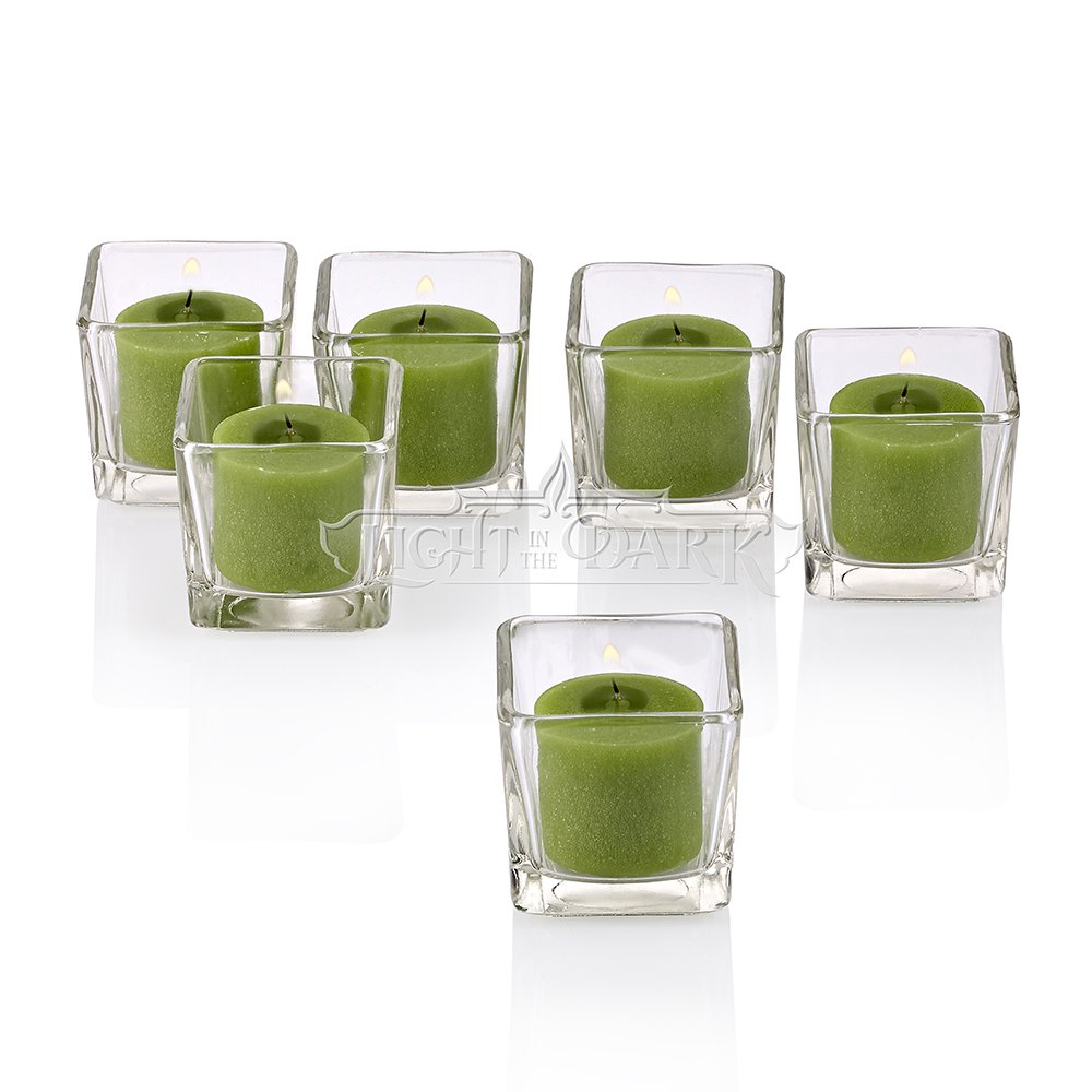 Clear Glass Square Votive Candle Holders With Lime Green Votive Candles