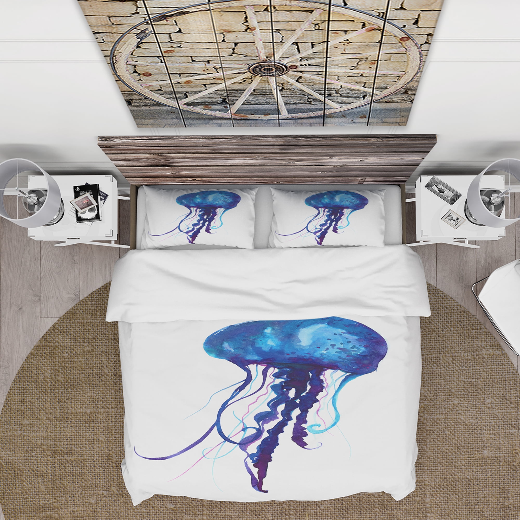 Designart 'Dark Blue Jellyfish Watercolor' Animal Duvet Cover Set