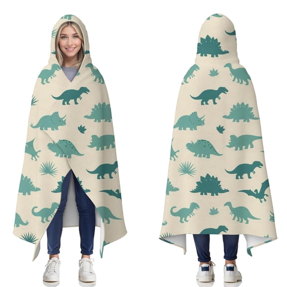 Wearable Blanket,LightBeige Cartoon Dinosaurs Silhouettes Pattern Hooded Wearable Flannel Blanket for Adults & Teens,Winter Poncho Shawl Wrap Cape Cozy Anti-Pill,50"x60"