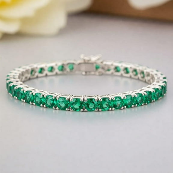 Emerald Tennis Bracelet for woman 925 Silver Handmade Link Jewelry, Green Gemstone Cuff Bracelet, May Gemstone Bracelet, Dainty Gift for Her