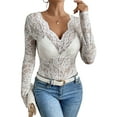 thumbnail image 3 of Lace Mesh Top for Women Long Sleeve V-Neck Sheer Blouse See Through Floral Lace Tops White M, 3 of 7