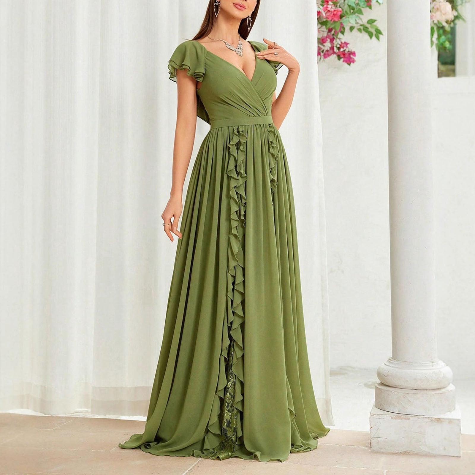 Sentmoon Plus Size Beach Dress Fashion Sleeveless V Neck Womens Sun Dress 2026 Summer Ruffle Regular Fit Casual Dresses for Women for Lounge and Relax Green S