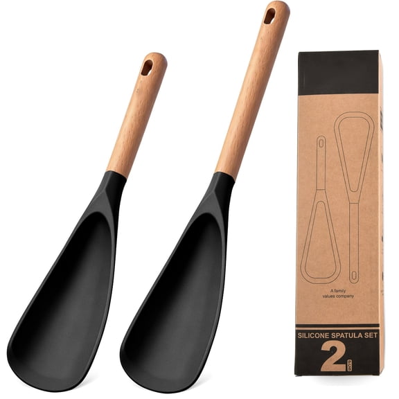 2-Pack Silicone Cooking Spoons with Wood Handle- Heat Resistant 446°F Spoonula for Nonstick Cookware - BPA Free Multifunction Spatula Spoon for Mixing, Scooping & Serving