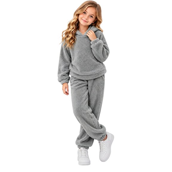 Girls Fuzzy Hoodie 2 Piece Outfits, Kids Solid Color Plush Hooded Sweatshirt and Jogger Pants Set, Warm Winter Casual Tracksuit for Christmas Gifts(Grey,12-13 Years)