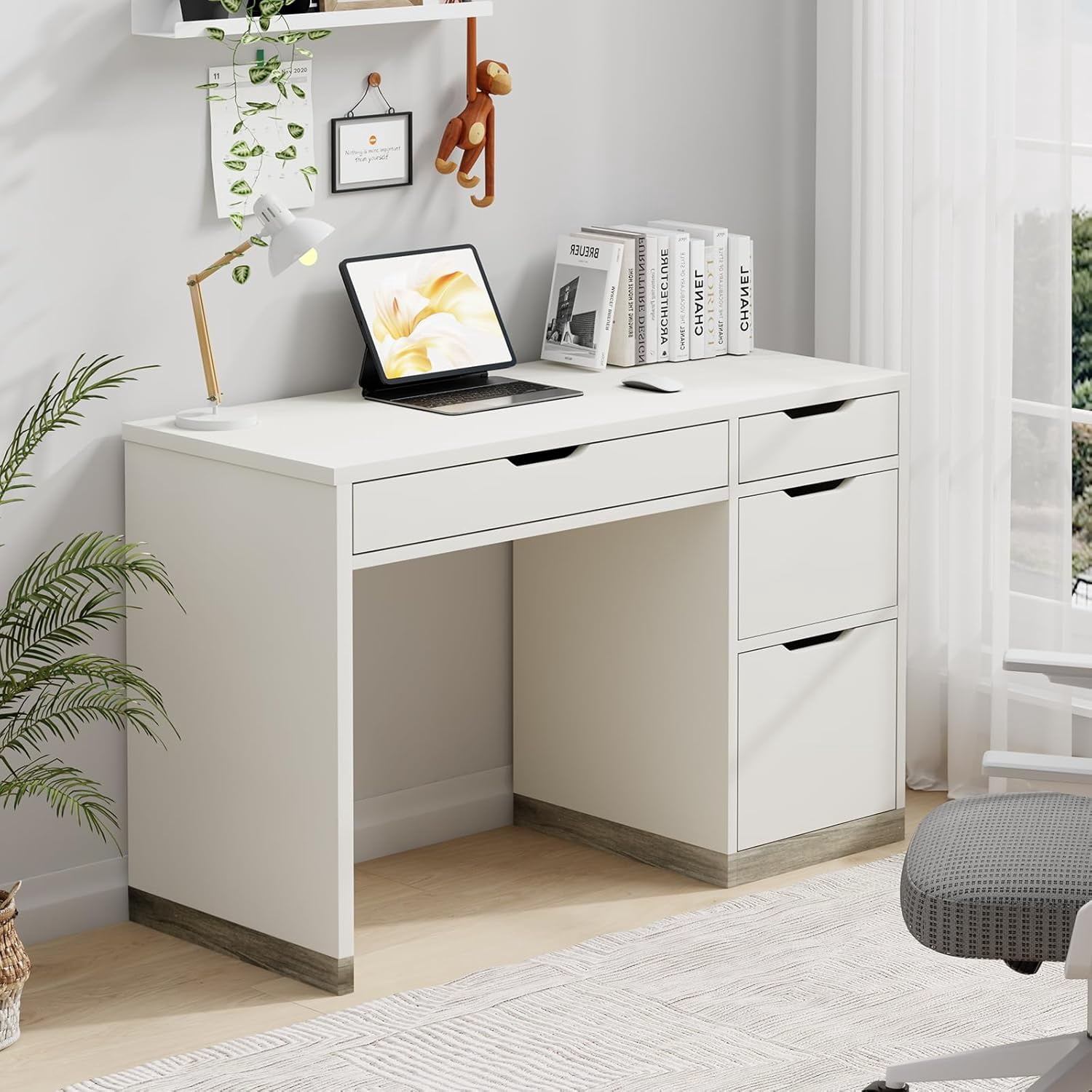 DreamCurship 48” Computer Desk with 4 Drawers, Home Office Desk for Work and Study, Writing Desk for Small Space, White