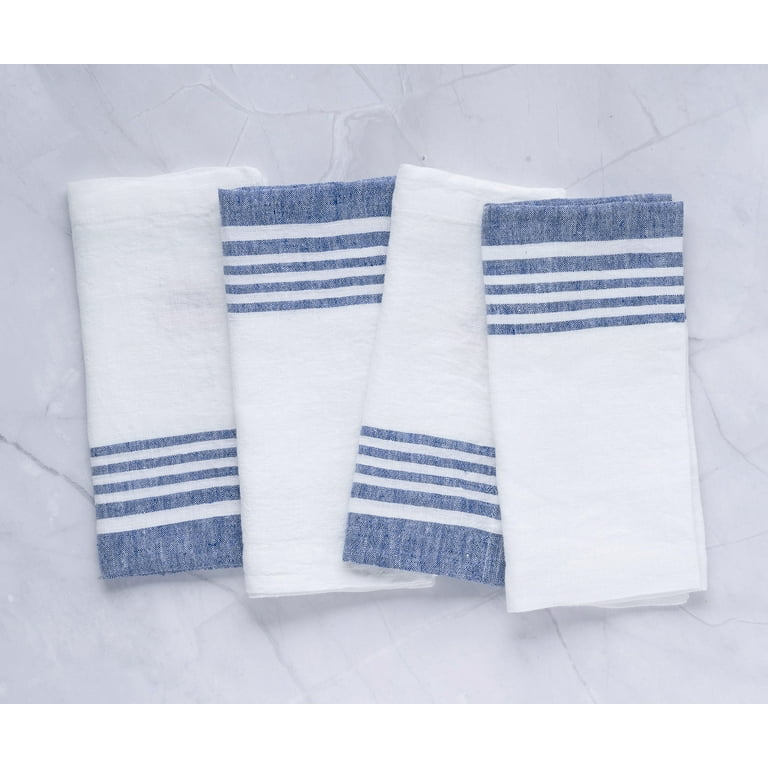 All Cotton and Linen Cloth Napkins - White Linen Napkins Set of 4 - Blue Cloth Napkins - Linen Dinner Napkins - Striped Napkins - Wedding Table