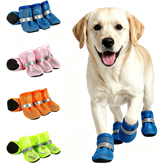 Dog Shoes for Hot Pavement, Breathable Mesh Dog Booties Set of 4 | Puppy Shoes with Anti-Slip Sole & Reflective Straps, Easy-Clean Dog Boots & Paw Protectors for Summer