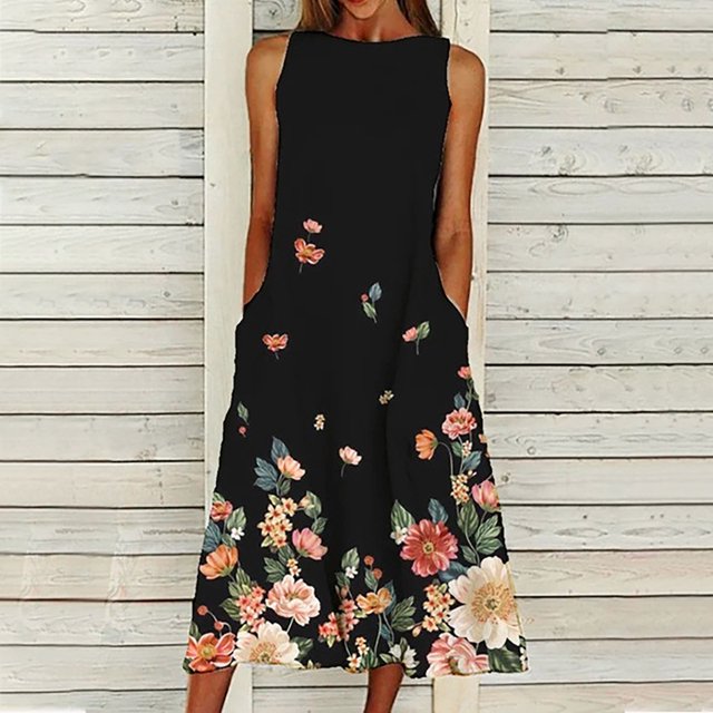 SMihono Robe d'Été pour Femmes Grande Taille Mode Femmes Été Décontractée Imprimé Poche Sans Manches Ample Longue Robe