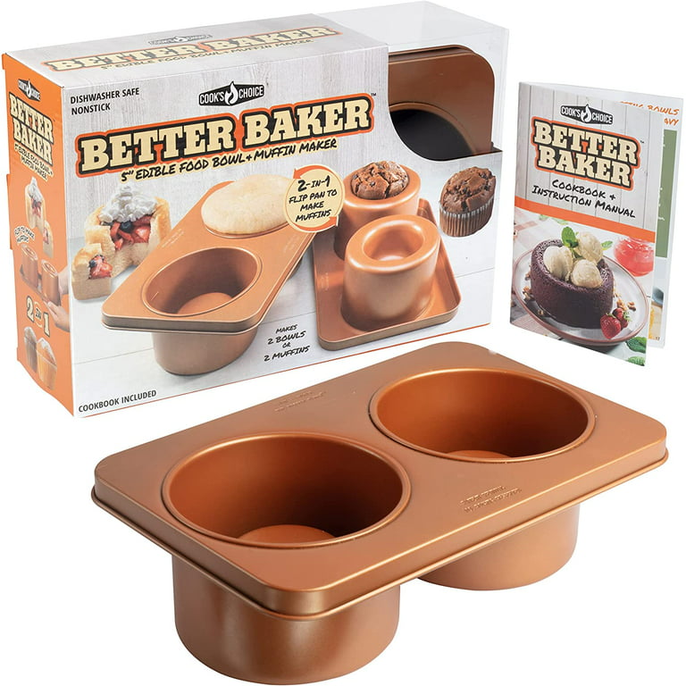 Cook's Choice Better Baker Edible Food Bowl and Muffin Maker- Bake Two 5 inch Dessert and Dinner Bowls or Muffins with Cookbook Included, Gold