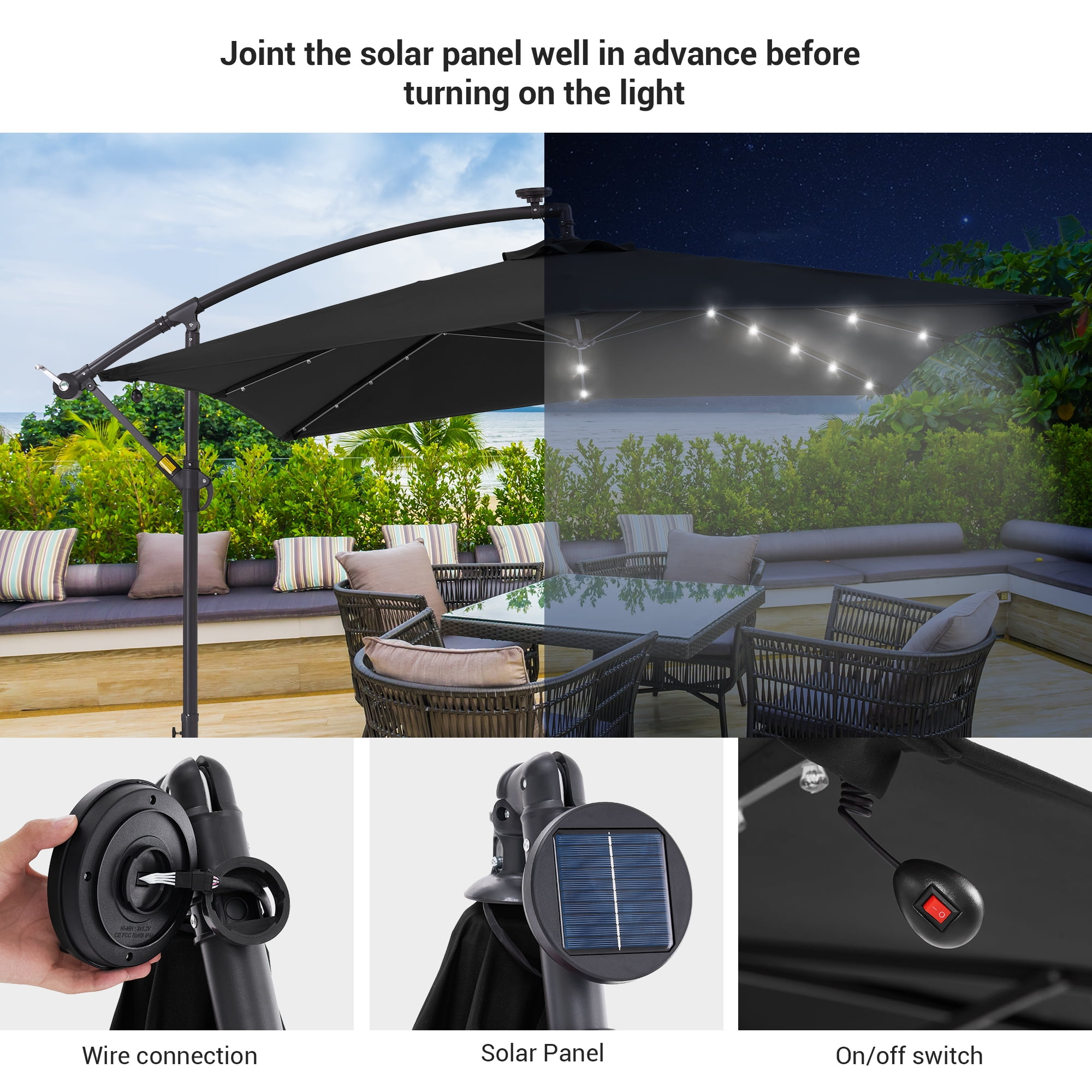 ACEGOSES 8.2x8.2ft LED Square Outdoor Patio Canopy Offset Umbrellas for Villa Gardens, Lawns and Yard,Black