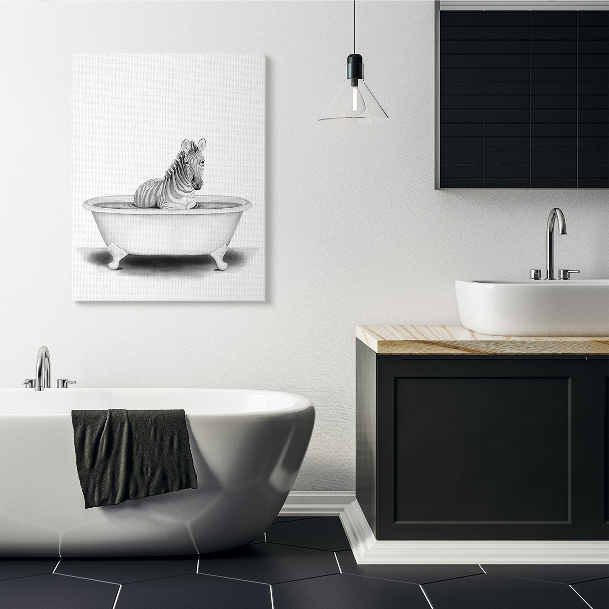 Stupell Industries Zebra In A Tub Funny Animal Bathroom Drawing Canvas Wall Art by Rachel Neiman, 36" x 48"