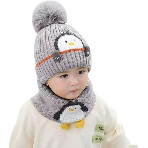 Children Baby Winter Hat Scarf Set, Unisex Infant Toddler Kids Cute Penguin Woolen Hat, Winter Warm Knit Pompom Hat Neck Scarf Two Piece Set