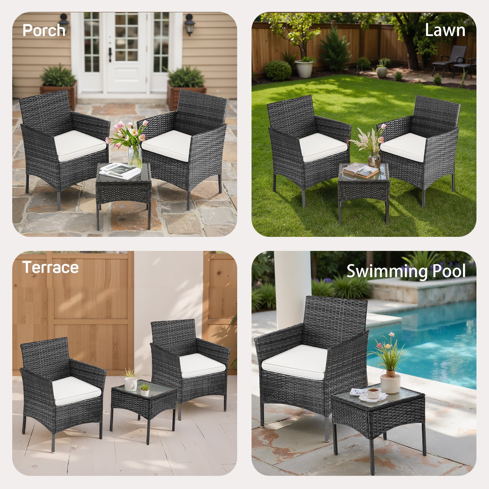 Simenmax Patio Furniture Set 3 Pieces, Outdoor Wicker Furniture with Coffee Table, Modern Rattan Patio Chairs Conversation Sets with Sofa for Garden, Terrace, Porch, Balconies, Lawns, Black