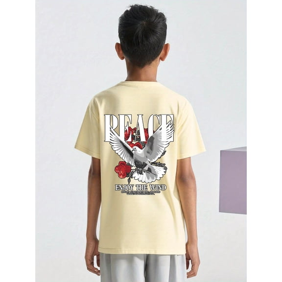 Boys Casual Crew Neck Tee Peace Dove & Rose Graphic Short Sleeve T-Shirt For Summer 8-12