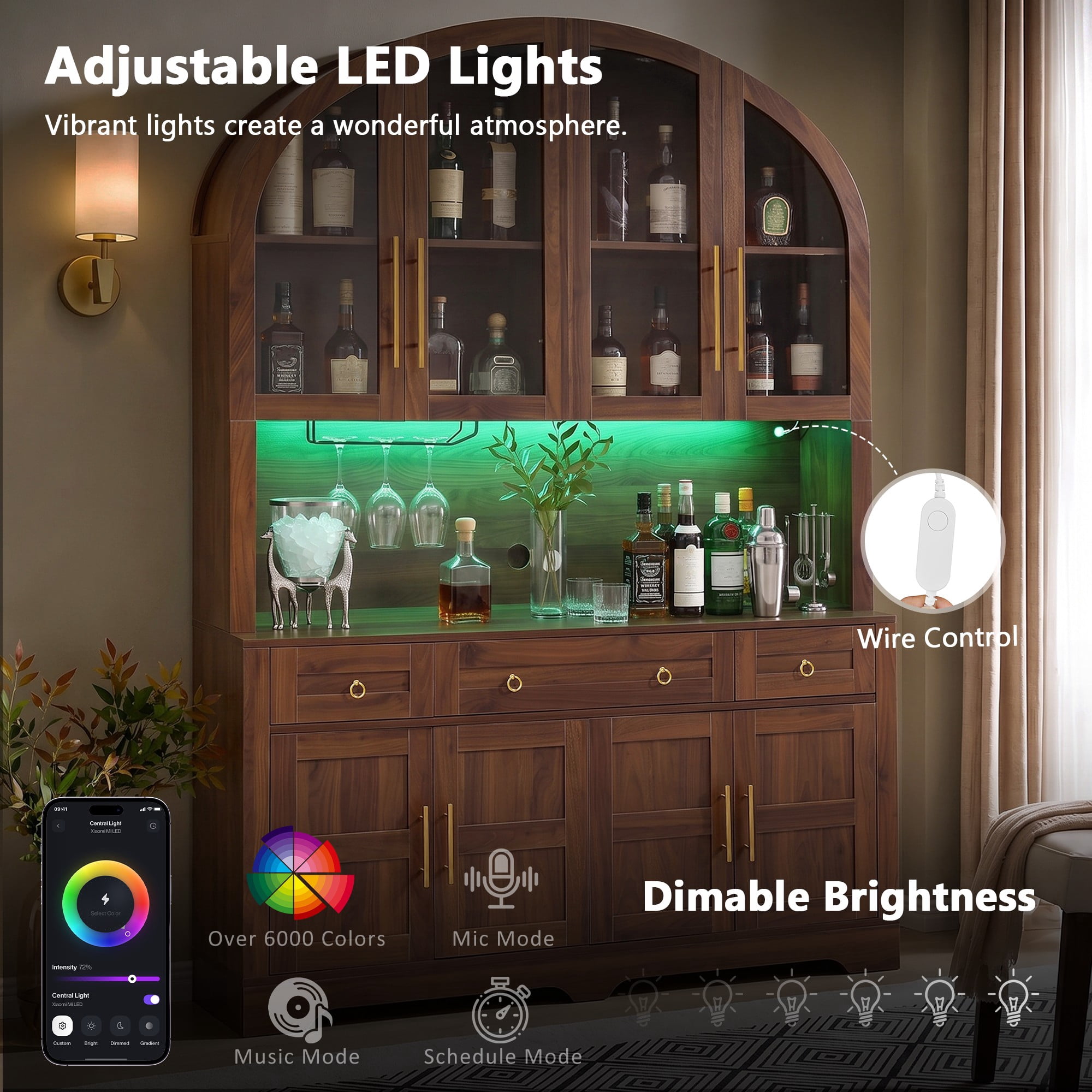 Aukfa 75.6" Large Tall Kitchen Pantry Cabinet with Hutch, Arched Glass Doors, Built-In Charging Station & Smart LED Light,Walnut