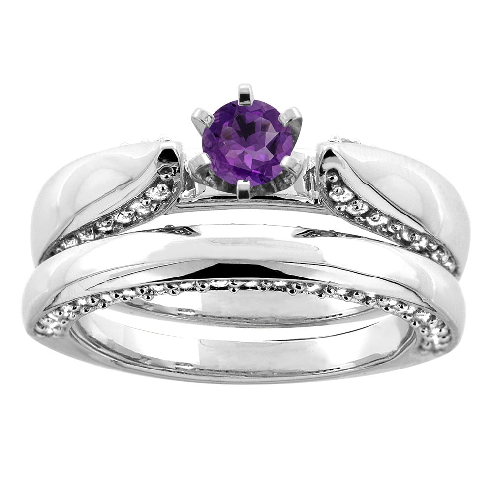 14K White Gold Natural Amethyst 2-piece Bridal Ring Set Diamond Accents Round 5mm, size 5.5 by Gabriella Gold