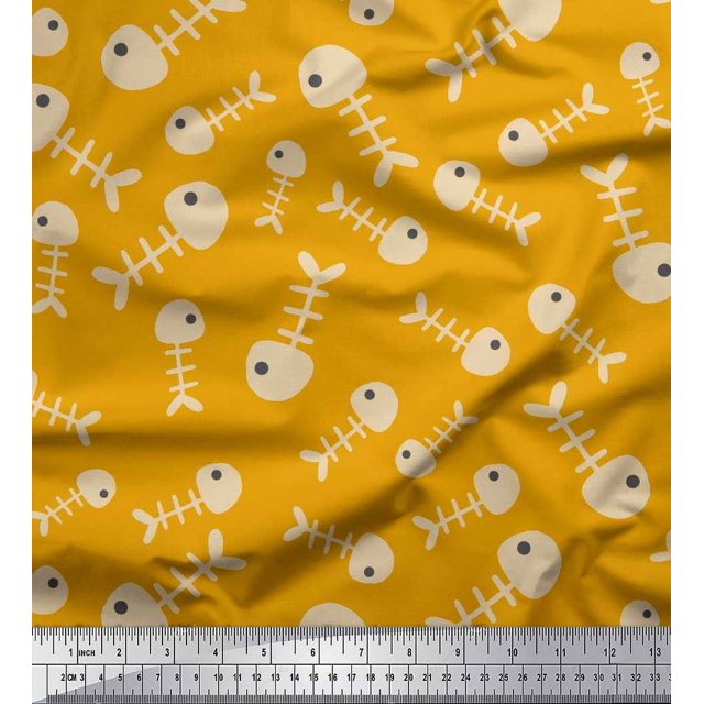 Soimoi Gold Modal Satin Fabric Fish Skeleton Ocean Decor Fabric Printed Yard 42 Inch Wide