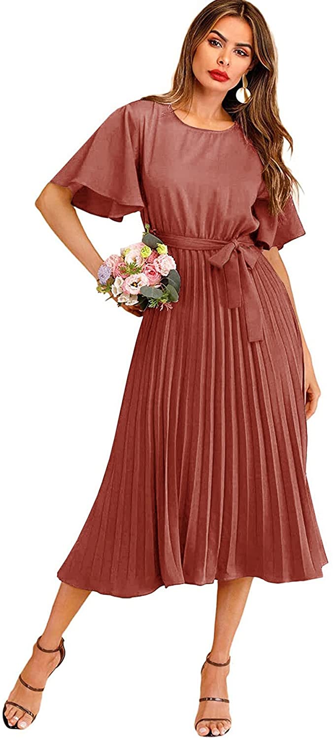 Elegant Belted Pleated Flounce Sleeve 