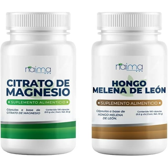 NAIMA Kit Citrato de Magnesio + Melena de León, 100 Cápsulas c/u | Suplemento Alimenticio 100% Puro y Natural | Energía y Vitalidad, Apoyo Cognitivo y Bienestar Diario | Sin Aditivos ni Conservantes