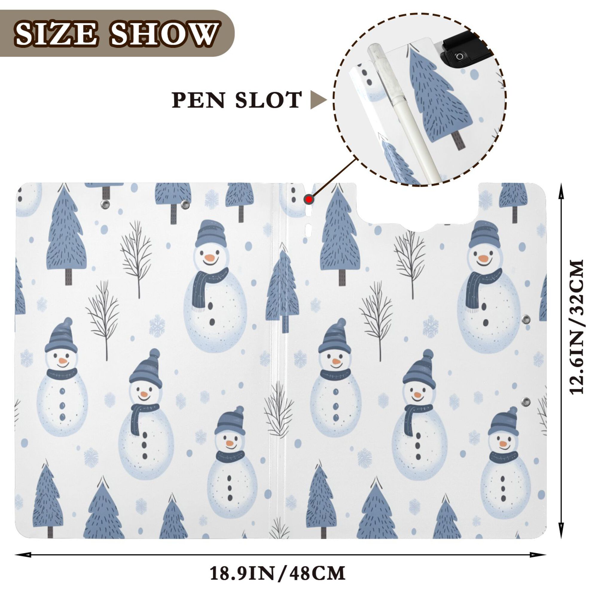 FORMRS A4 Clipboard Folder with Pen Holder Horizontal Foldable School Office Binder, Cartoon Snowmen