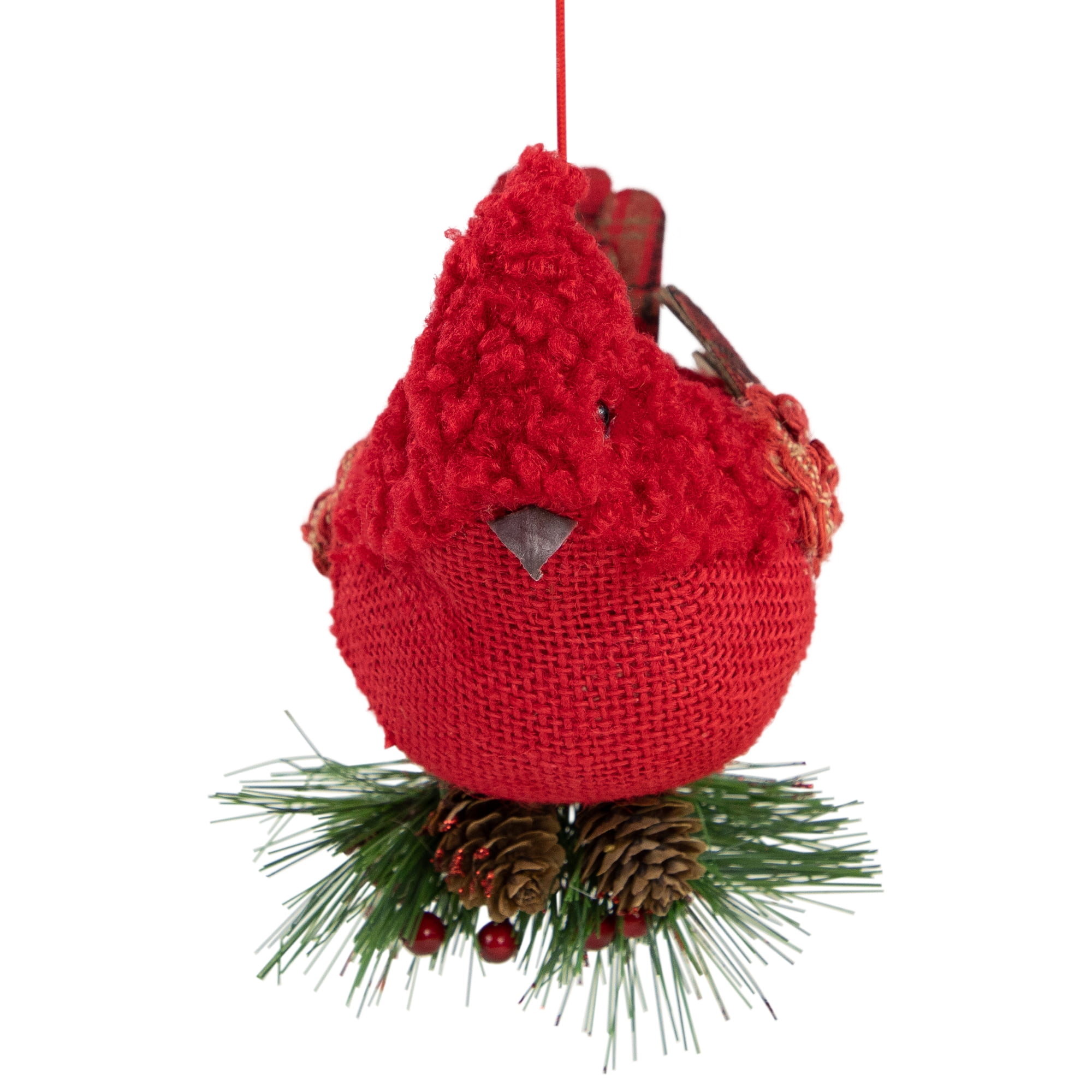 4.75" Burlap and Plaid Cardinal on Pine Sprig Christmas Ornament