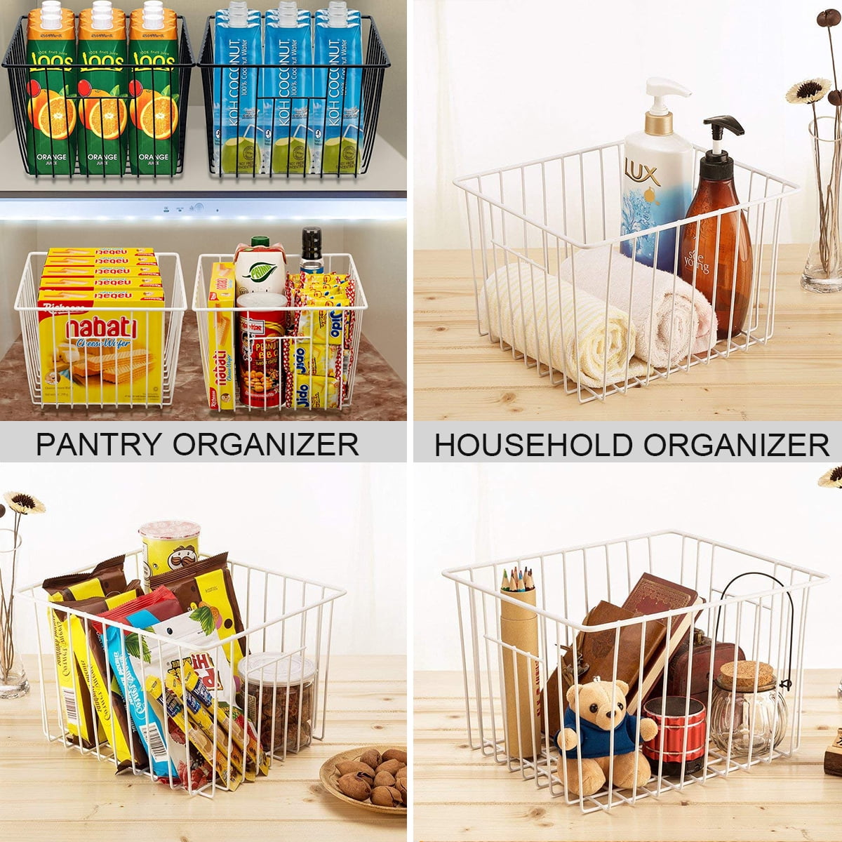 SANNO Freezer Storage Organizer Baskets, Household Refrigerator Bin for Cabinets, White, Pantry, Closets, Bedrooms - 10.24 x 11.02 x 6.3 inches，Set of 4